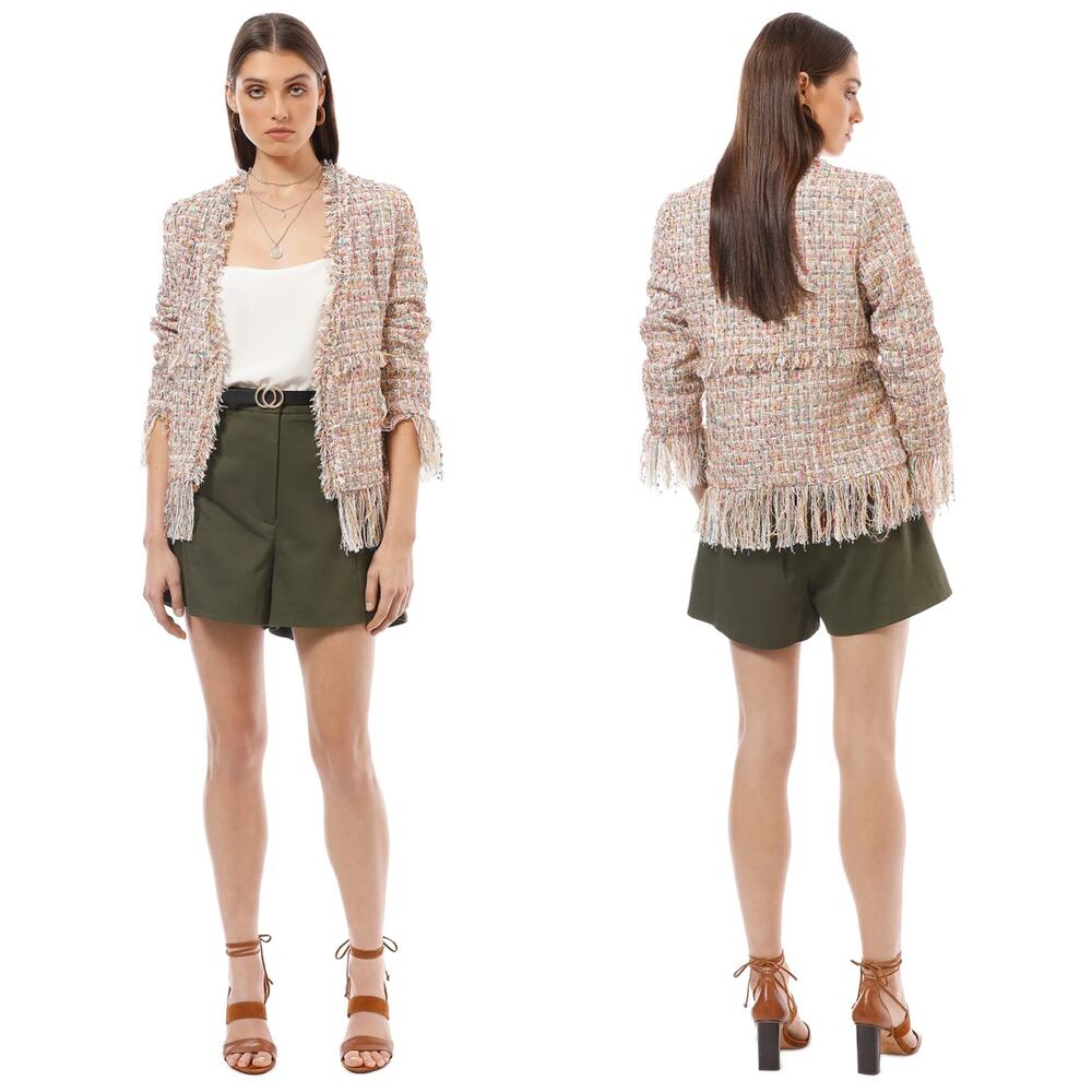 Elliatt Lillian Jacket Tweed Blazer Size Medium Rainbow Cream Fringe Metallic